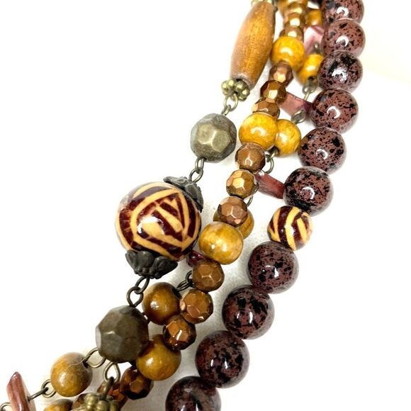 Boho Brown Tan Multi Strand Beaded Necklace Wood Crystal Like - Picture 5 of 5
